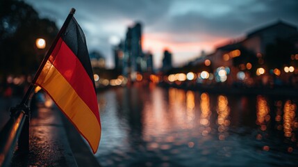 Germany's Flag Fluttering Over Cityscape at Sunset with Water Reflections