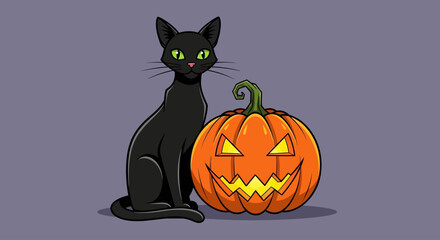 Spooky Black Cat with Jack-o'-lantern for Halloween Celebration