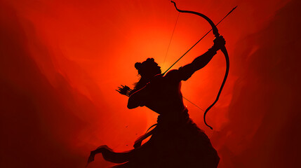Dynamic silhouette of archer drawing bow in fiery red light