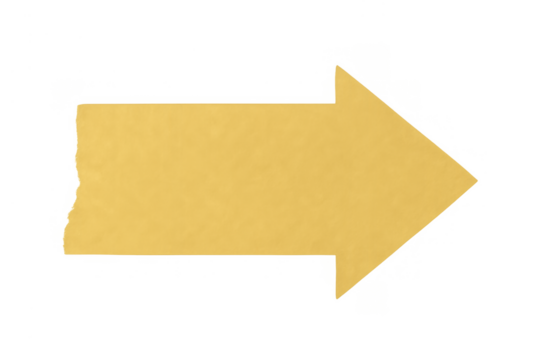 Yellow arrow cut from paper, showing a rough, torn edge on the left, pointing towards the right direction