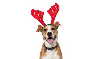 A happy dog wearing festive reindeer antlers against a white background.
