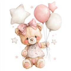 Adorable watercolor teddy bear girl wearing pink bow and dress holding pastel balloons and star shapes