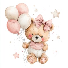 Adorable watercolor teddy bear girl wearing pink bow holds bunch of soft pastel balloons with scattered star element
