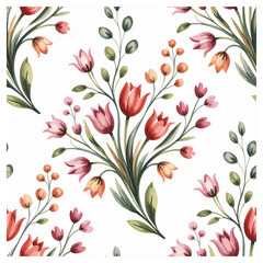 This stunning seamless floral pattern features hand-painted tulip-inspired flowers in shades of red, coral, blush, and peach, paired with lush green leaves and delicate buds on a white background. 