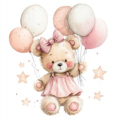 Adorable watercolor teddy bear girl wearing pink dress and holding bunch of pastel balloons with scattered stars illustration
