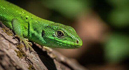 Fototapeta premium A vibrant green lizard rests on a textured tree branch its scales detailed