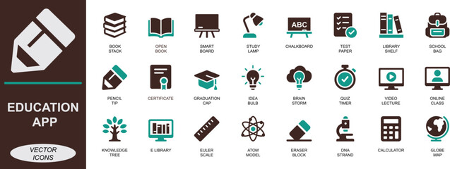 
Education app icons set for apps, UI and web. Includes school, study, online learning, knowledge, exam, graduation, library, tutorial and academic symbols.