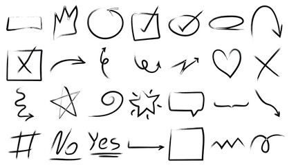 Hand Drawn Doodle Arrow and Symbol Set, Abstract Sketchy Marker Elements Including Arrows, Hearts, Stars, Check Marks, and Shapes Vector