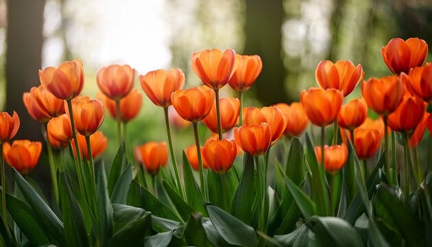 Vibrant Orange Tulips Swaying Gently In The Breeze Amidst Lush Greenery
