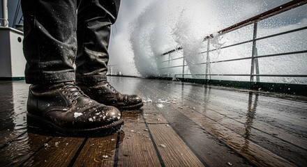 A large wave crashing over a wooden deck, focusing on worn boots.
A dramatic, low-angle shot focusing on the lower legs and well-worn brown leather boots of a person standing firmly on a wet