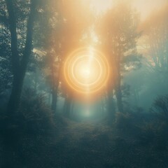 Ethereal glowing orange light or portal radiates brightly within dark, misty forest path surrounded by tall tree silhouettes.