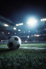 Fototapeta premium Soccer Ball at Mid-Field Under Bright Spotlights in Night Match