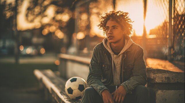 Thoughtful Young Soccer Player in Golden Hour Sunlight on Bench