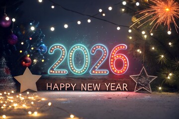 Bright 2026 neon lights festive new year celebration with fireworks and bokeh