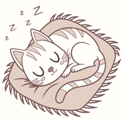 A cute cat sleeps soundly on a fluffy cushion, surrounded by gentle zzzs, , creating a peaceful and adorable scene of feline relaxation