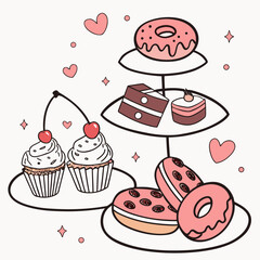 A delightful assortment of desserts, including cupcakes adorned with cherries, donuts with pink frosting, and a tiered cake stand filled with sweet treats