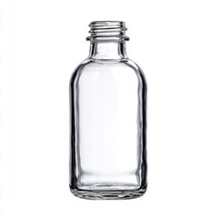 Clear glass dropper bottle with threaded neck stands isolated against stark white background for cosmetic or pharmaceutical packaging concept