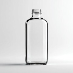 Clear, empty, rectangular glass bottle with screw neck rests centered on a bright, minimalist white surface casting soft shadow