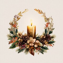 Watercolor illustration features glowing gold candle centerpiece surrounded by rustic holiday wreath elements including pine cone and berry accent