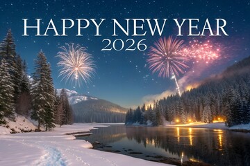 Celebrate happy new year 2026 with a stunning winter landscape and fireworks display