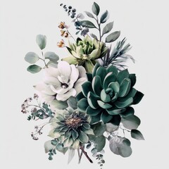 Elegant watercolor arrangement features various succulent and floral elements with muted green and white tones against a light background.