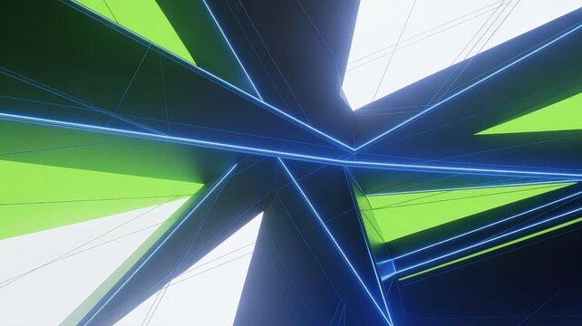 Abstract geometric design with neon lights and sharp angles.