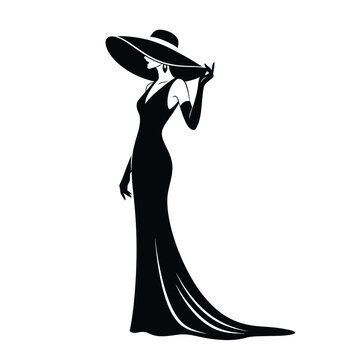 Elegant silhouette woman in flowing gown and wide hat posing gracefully silhouette