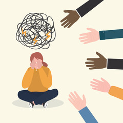Young woman getting help and treatment from stress. Girl feeling anxious and lonely. Multi ethnic helping hands, empathy. Psychotherapy, psychological support concept.