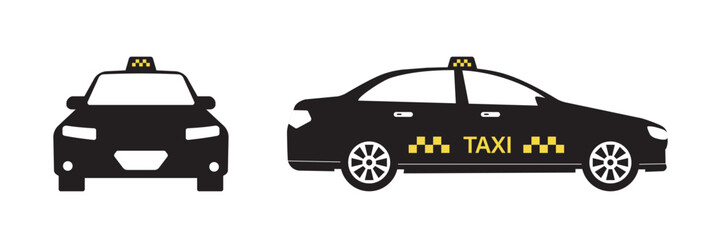 Taxi cab, front and side view. Taxi car, black icon. Taxi service silhouette, elements isolated on white background. Round the clock service