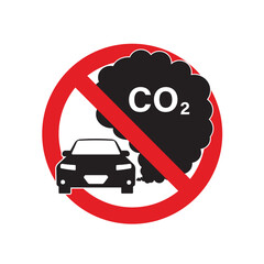No allowed emission air pollution sign. Prohibited car exhaust CO2, Ban black silhouette icon. Vehicle and smoke in red stop circle. Forbidden car fuel engine pictogram