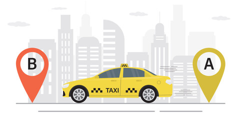 Taxi goes to the destination. Giant pins on road, location, navigation. Transport service. Yellow cab on city view, passenger vehicle, travel automobile.