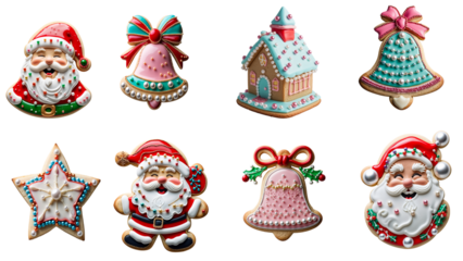 festive Christmas cookies decorated with icing isolated on transparent background