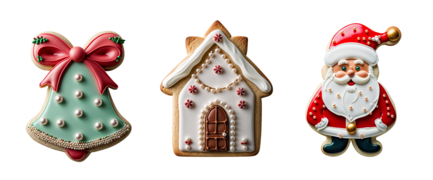 festive Christmas cookies decorated with icing isolated on transparent background