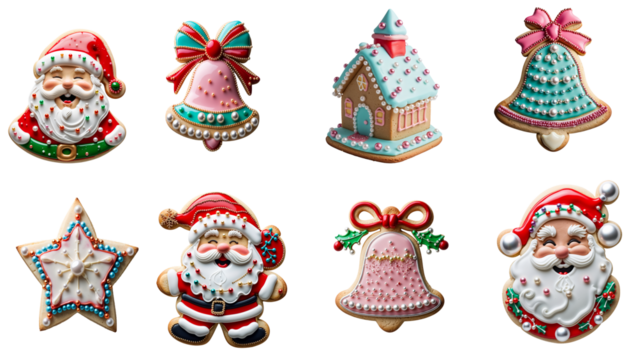festive Christmas cookies decorated with icing isolated on transparent background - Powered by Adobe