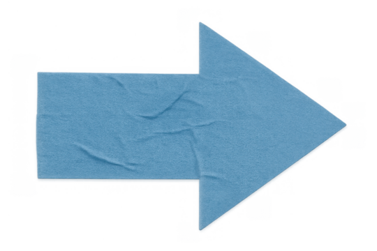 Blue crumpled paper arrow pointing right, depicting direction, guide, pointer, and progress concept
