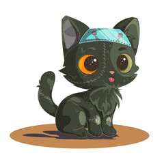 Cute cartoon Frankenstein cat with stitches and a glass headpiece