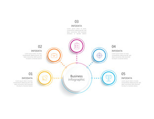 Business circular infographic template with 5 steps, colorful line icons, and clean minimal design.