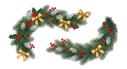 Christmas garland with pine cones, berries, and golden bows on a white background.