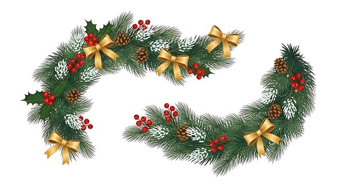 Christmas garland with pine cones, berries, and golden bows on a white background.