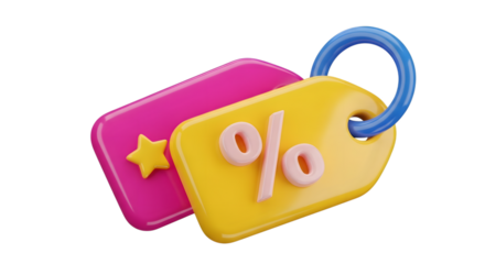 3d illustration of two discount tags, one yellow with a percentage symbol and the other pink with a star, isolated on transparent background