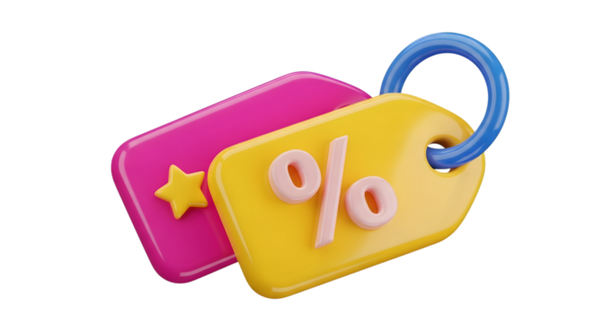 3d illustration of two discount tags, one yellow with a percentage symbol and the other pink with a star, isolated on transparent background