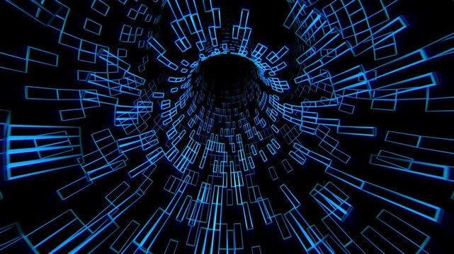 Looped animation of blue glowing tunnel made of geometric rectangular patterns on a black background. Moving through digital cyberspace corridor with bright luminous shapes. Seamless VJ Loop 4K 60fps - Powered by Adobe
