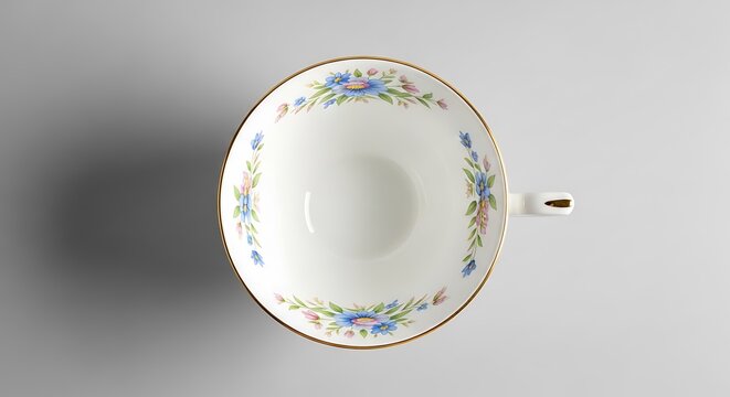 A white teacup with a floral pattern and gold trim is photographed from above.
