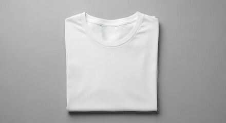 A crisp white t-shirt is neatly folded on a plain gray background.