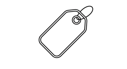A simple, clean, black and white outline drawing of a price tag or label, isolated on a transparent background, with a hole for string or attachment