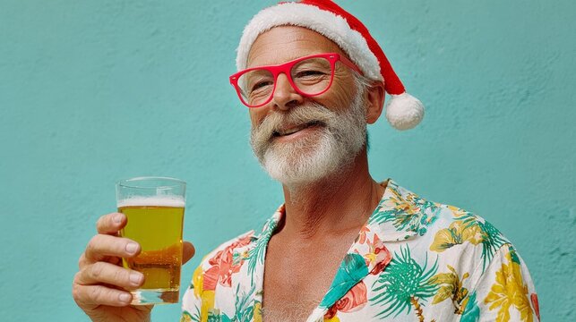 Senior man with gray beard wearing festive Santa hat and colorful tropical shirt, holding a glass of beer, smiling against a vibrant turquoise background, celebrating holiday cheer and joy - Powered by Adobe