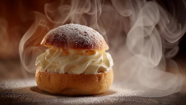 Freshly Baked Swedish Semla Bun with Rising Steam &mdash; Warm Traditional Scandinavian Pastry Dessert