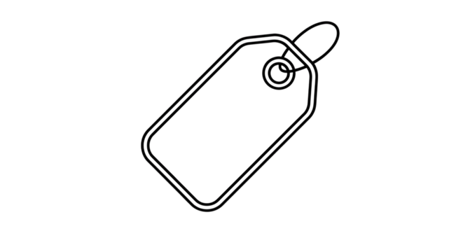 A simple, clean, black and white outline drawing of a price tag or label, isolated on a transparent background, with a hole for string or attachment