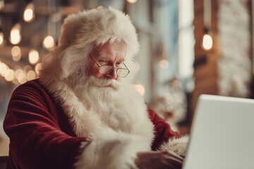Modern Santa Claus in festive office attire, focused on checking emails on a laptop, surrounded by warm lighting and holiday decorations, embodying contemporary holiday spirit