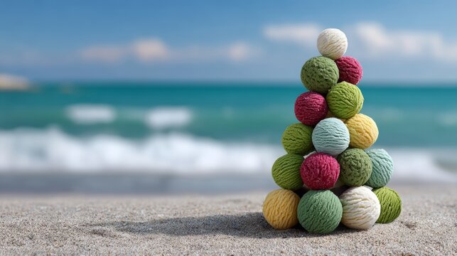 Colorful yarn balls arranged in a pyramid shape on sandy beach, with gentle waves in the background, creating a playful and artistic scene that evokes creativity and relaxation